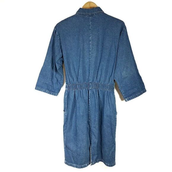 𝅺VINTAGE DREAMS Denim Dress Blue Shoulder Pads Cinched Elastic Waist Large - Picture 3 of 8